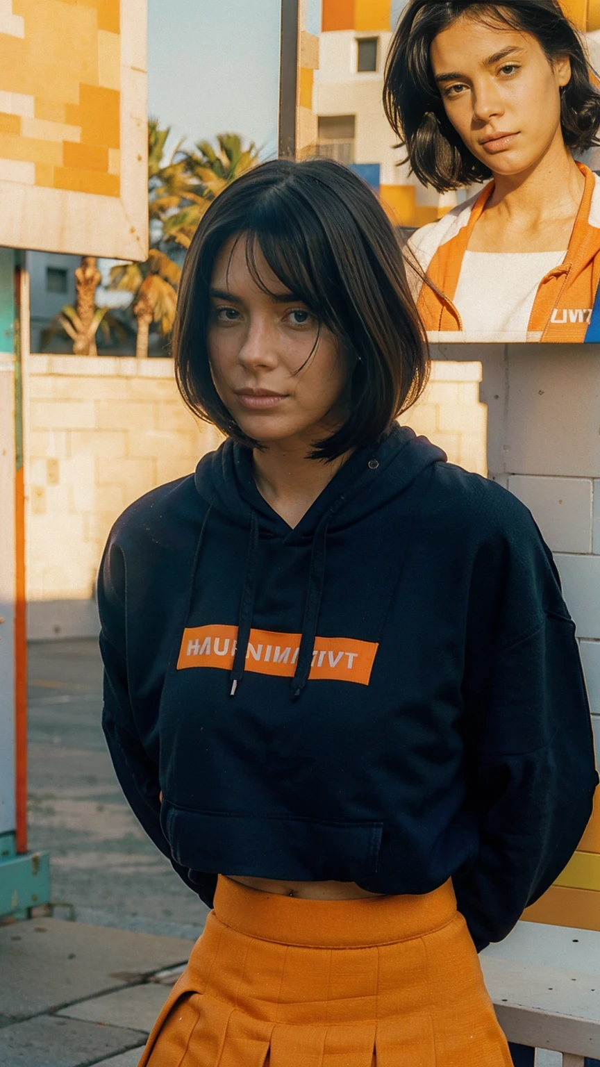 long shot portrait of cute 23 yo girl ,wear ((orange color oversized hoodie)), wear ((purple tennis skirt)),looking viewer,Best Quality,Masterpiece,Ultra High Resolution,(Realisticity:1.4),Original Photo, 1Girl, light leak,ultra high resolution,UHD,beautiful, (black bob hair), almond eye, no makeup, in front of ((80's mondrian architecture motel)), (realistic:1.2), (surreal:1.3), (very detailed:1.1), ((masterpiece)),summer, blue sky, palm trees,sunny, los angles vibes,film camera, 800mm lens,style of Philip Lorca diCorcia