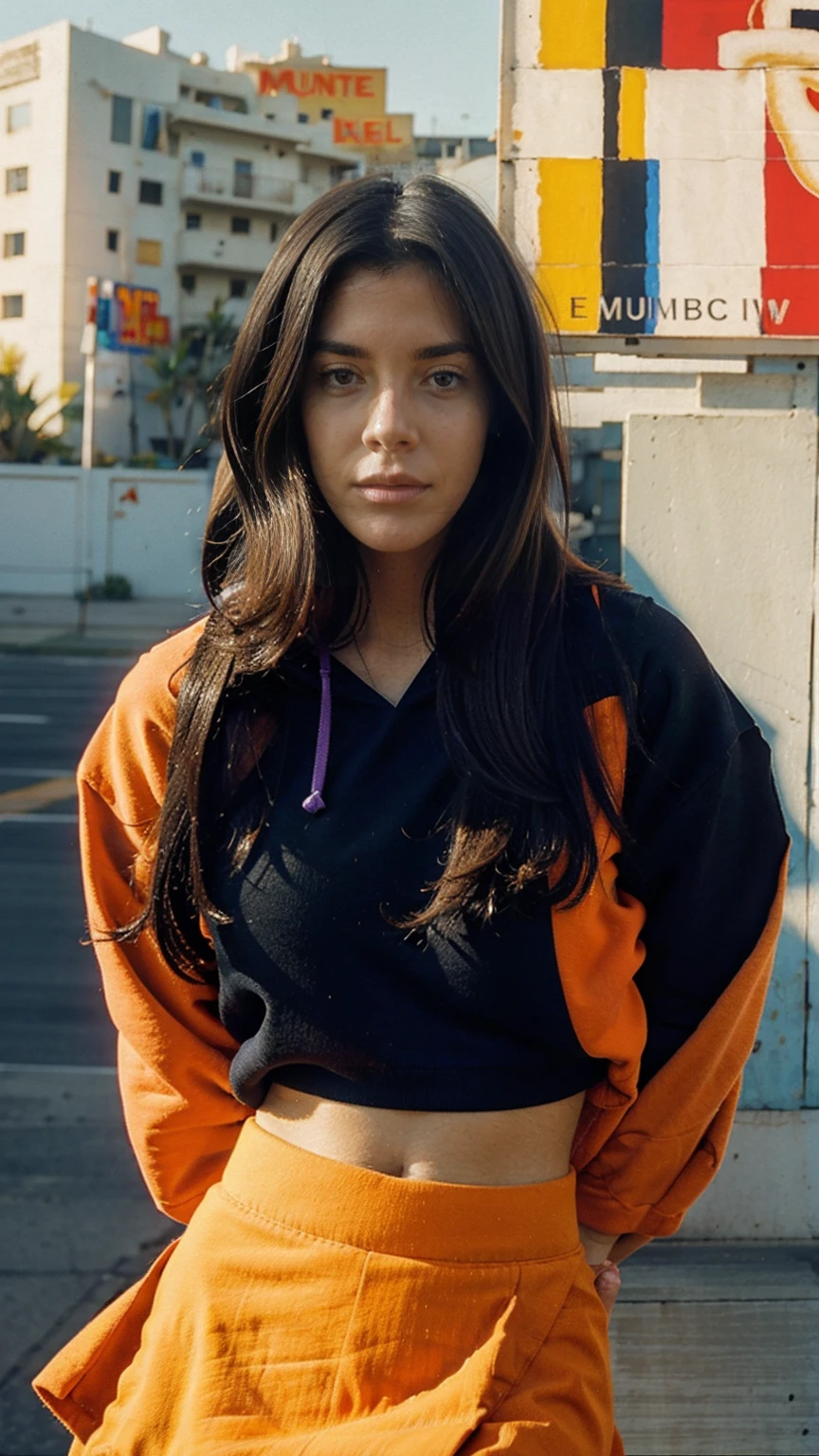 long shot portrait of cute 23 yo girl ,wear ((orange color oversized hoodie)), wear ((purple tennis skirt)),looking viewer,Best Quality,Masterpiece,Ultra High Resolution,(Realisticity:1.4),Original Photo, 1Girl, light leak,ultra high resolution,UHD,beautiful, (black bob hair), almond eye, no makeup, in front of ((80's mondrian architecture motel)), (realistic:1.2), (surreal:1.3), (very detailed:1.1), ((masterpiece)),summer, blue sky, palm trees,sunny, los angles vibes,film camera, 800mm lens,style of Philip Lorca diCorcia