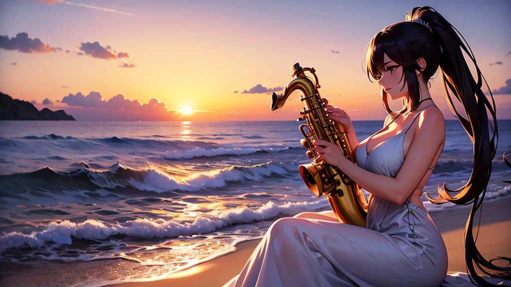 A super-realistic animation of a beautiful and elegant woman playing the saxophone on a beautiful beach at sunset.