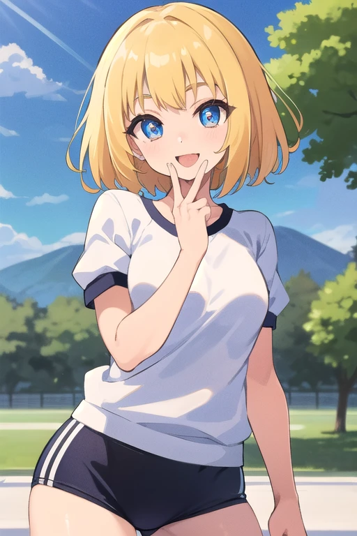 buruma, black buruma, (White short-sleeved gym uniform), School, Ground, sports festival, ((Highest quality)), ((masterpiece)), (detailed), Perfect Face, Perfect Arms, Perfect hands, Perfect Fingers, anime, Ultra-fine illustration, ((1 person)), 15 years old, Boyish Girl, ((Put your hand to your mouth)), (Smile:1.3), (Mouth open:1.3), Blue Eyes, Blonde, (short hair:1.4), bangs, (Glamorous figure), Cowboy Shot, Outdoor,