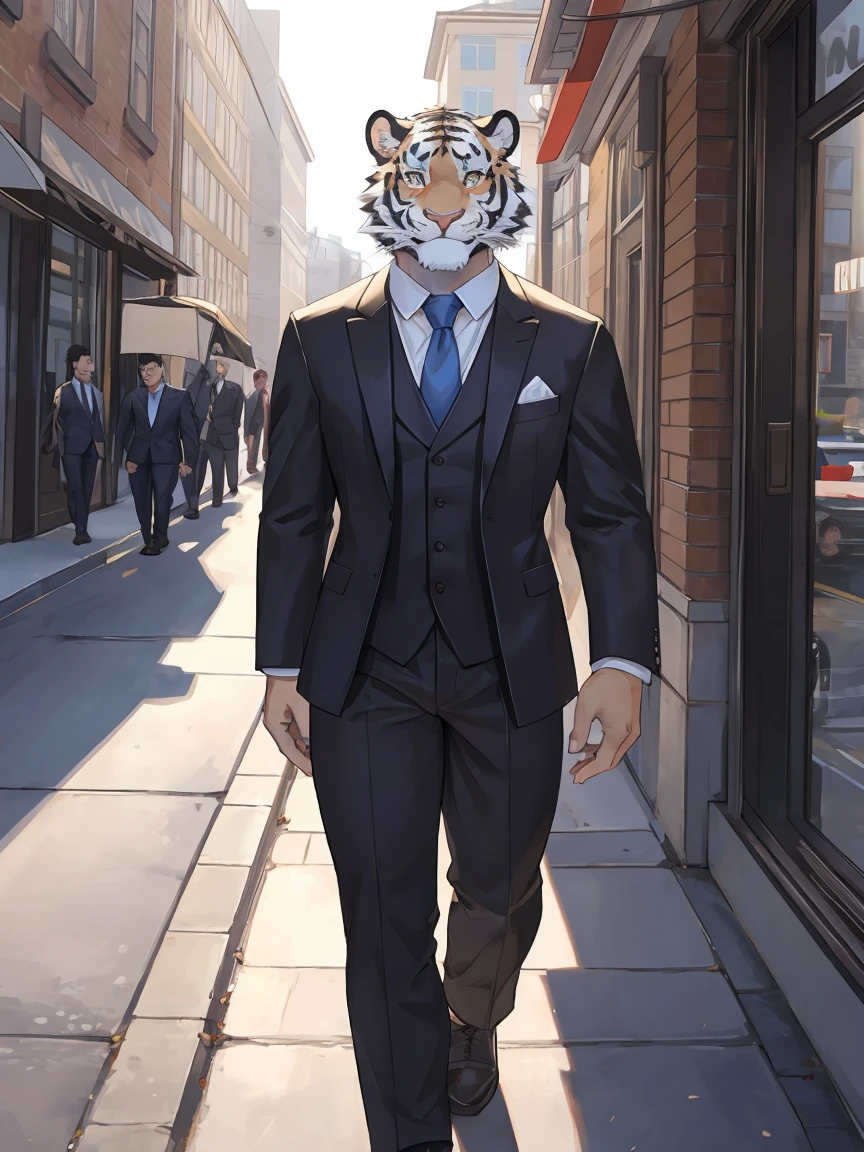 White Tiger,Scar on left eye，The left pupil is black，Right eye pupil,Suit，Walking on the street，Smile