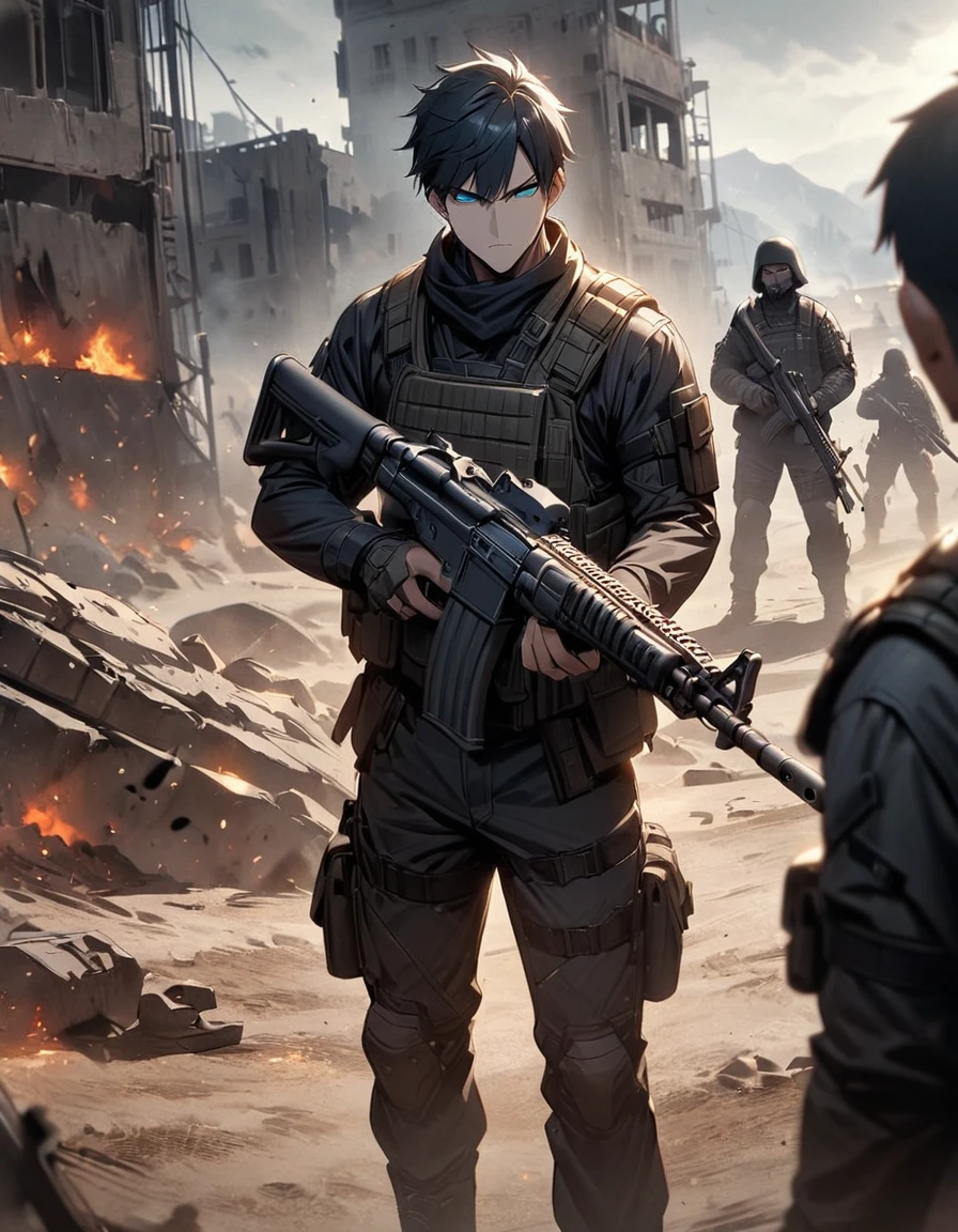 Masterpiece, best quality, 1 man, 30 year old man, focus man, alone, alone focus, black hair, Turquoise eyes, black bulletproof vest, Mercenaries, (holding an assault rifle((AK46)), Standing position, Standing shooting position, Battlefield backdrop, War zone, serious, solemn face, Dangerous atmosphere.