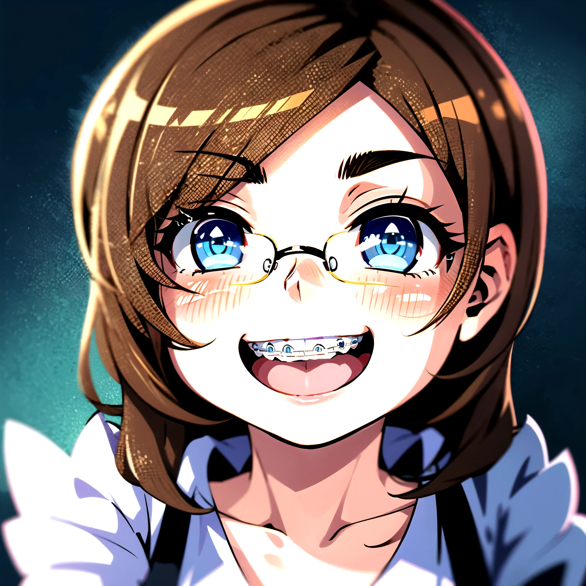 1girl, seductive eyes, braces, glasses, smiling, cute, face focus, blue eyes, blush, brown hair, best quality, masterpiece, highres