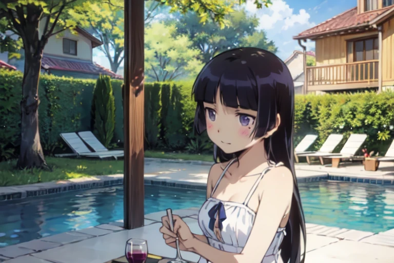 ((ruri gokou)), blush, Black Hair, Mole, Mole under eye, (Pool Party), bikini, straw hat, Cocktail, Poolside, Bright sun, Splash, Blue sky, Pool Float, Palm tree, summer, relax, smile, Friendly, Open, colorful
