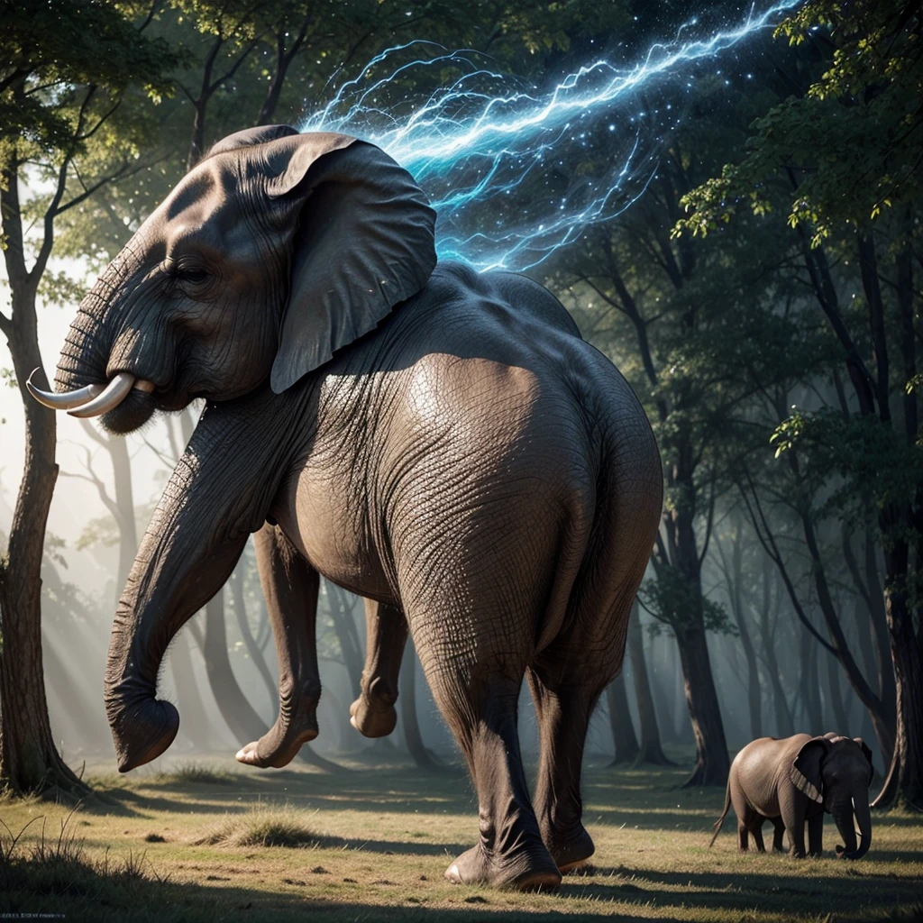 Create an ultra-realistic image of a magical creature that combines elements of an elephant and a horse, inspired by Greek mythology. This unique creature should have the majestic body and strength of an elephant, but with the elegance and grace of a horse.

The creature's body should be massive and muscular, covered in a thick, leathery skin that resembles the texture of an elephant's hide but with a sleek, glossy sheen. Its legs should be long and powerful, similar to a horse's, allowing it to move with both strength and agility. The feet should end in large, rounded hooves that combine the features of both animals.

The creature's head should blend the features of both an elephant and a horse. It should have a long, graceful neck like a horse, but with the iconic trunk of an elephant, which should be adorned with intricate, mystical patterns glowing faintly. The ears should be large and fan-like, similar to an elephant's, but with a more streamlined and elegant shape. The eyes should be large, expressive, and filled with wisdom, reflecting the creature's ancient and magical nature.

The creature should have a flowing mane like a horse, but made of shimmering, ethereal strands that ripple and glow with magical energy. The tail should also blend elements of both animals, being long and powerful like an elephant's, but ending in a tuft of flowing hair like a horse's mane.

The setting should be a mystical, enchanted forest with towering ancient trees, glowing plants, and a magical, ethereal atmosphere. The creature should be depicted in a majestic pose, perhaps rearing up on its hind legs or gracefully striding through the forest. The overall scene should evoke a sense of awe and wonder, highlighting the beauty and power of this unique, mythical creature