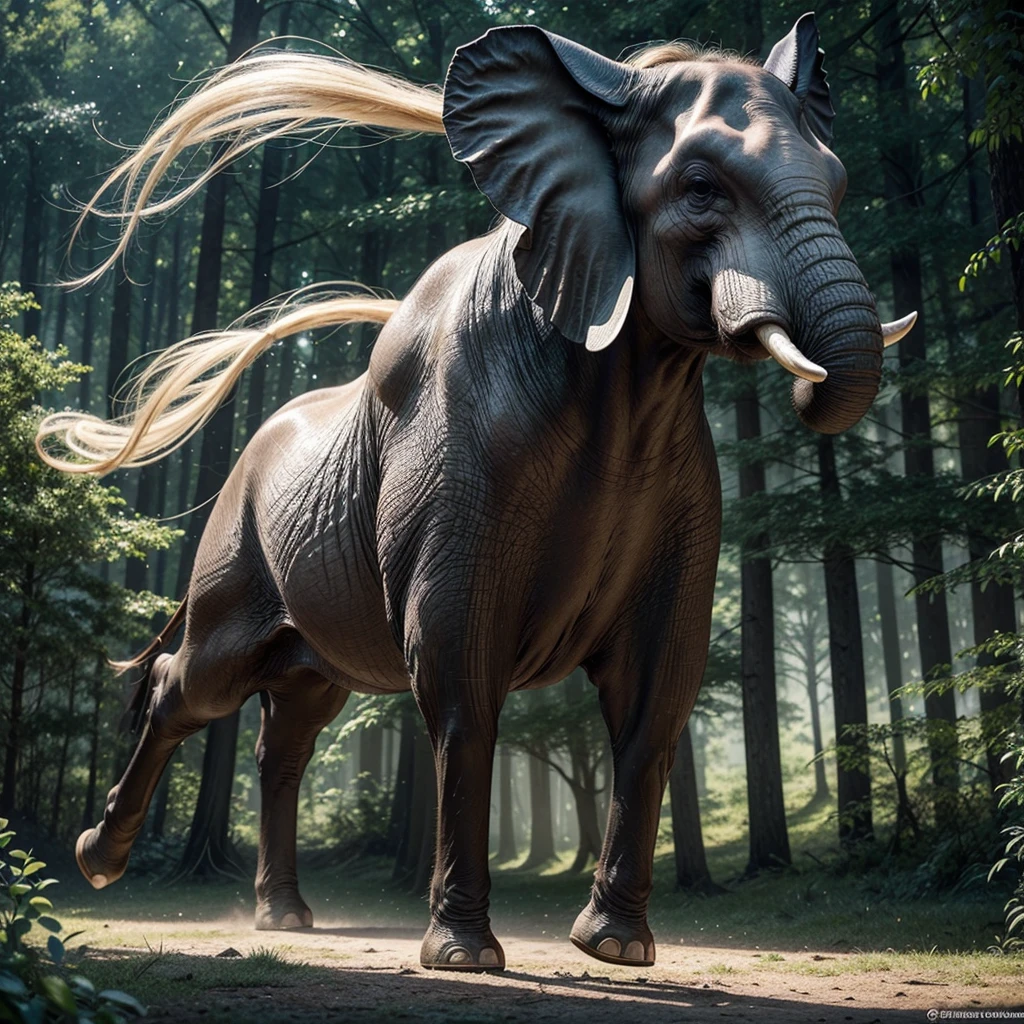 Create an ultra-realistic image of a magical creature that combines elements of an elephant and a horse, inspired by Greek mythology. This unique creature should have the majestic body and strength of an elephant, but with the elegance and grace of a horse.
The creature's body should be massive and muscular, covered in a thick, leathery skin that resembles the texture of an elephant's hide but with a sleek, glossy sheen. Its legs should be long and powerful, similar to a horse's, allowing it to move with both strength and agility. The feet should end in large, rounded hooves that combine the features of both animals.
The creature's head should blend the features of both an elephant and a horse. It should have a long, graceful neck like a horse, but with the iconic trunk of an elephant, which should be adorned with intricate, mystical patterns glowing faintly. The ears should be large and fan-like, similar to an elephant's, but with a more streamlined and elegant shape. The eyes should be large, expressive, and filled with wisdom, reflecting the creature's ancient and magical nature.
The creature should have a flowing mane like a horse, but made of shimmering, ethereal strands that ripple and glow with magical energy. The tail should also blend elements of both animals, being long and powerful like an elephant's, but ending in a tuft of flowing hair like a horse's mane.
The setting should be a mystical, enchanted forest with towering ancient trees, glowing plants, and a magical, ethereal atmosphere. The creature should be depicted in a majestic pose, perhaps rearing up on its hind legs or gracefully striding through the forest. The overall scene should evoke a sense of awe and wonder, highlighting the beauty and power of this unique, mythical creature