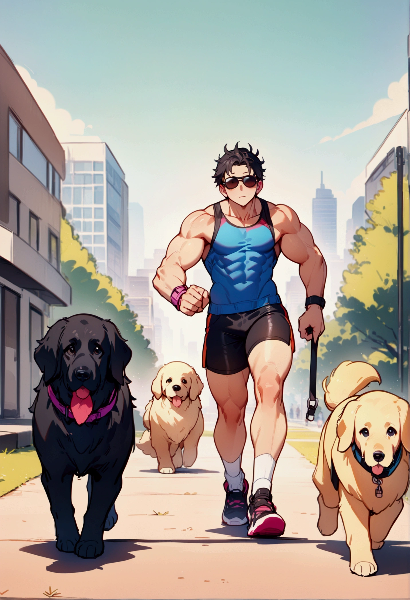 best quality, masterpiece, 8K, HD, young muscular man, wearing sports tank top and tight booty shorts, wearing stylish sunglasses, jogging while walking two dogs on leashes, a big black dog and a golden retriever in front of him, in a park, metropolitan city in the background, front view, full body, vibrant colors, highly detailed