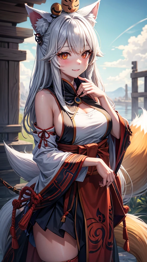 Nine tail fox cute girl with a kutsune fox mask on her hand and a magical rase on her other hand