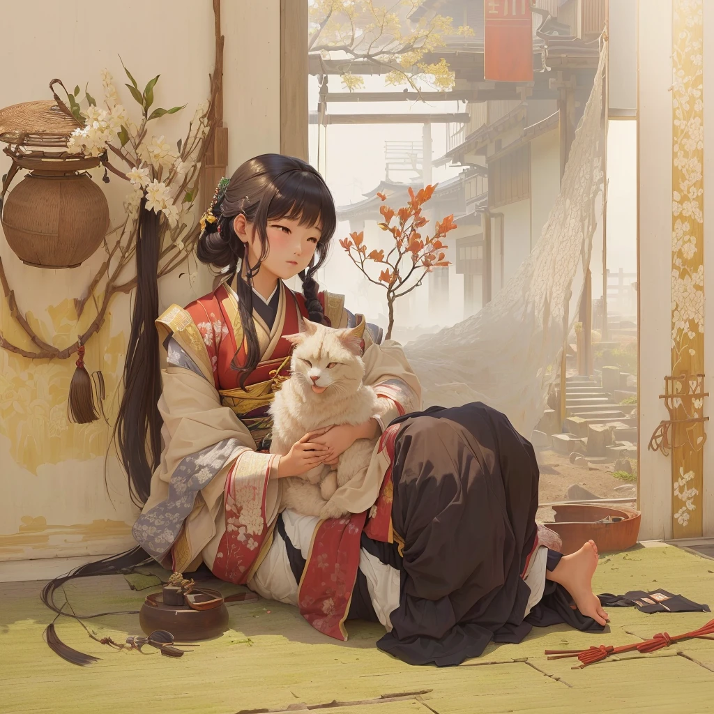 Animated scene of a woman kneeling with a cat on her lap, by Shimo, Zerochan Art, Artistic rendering of Reimu Hakurei, Beautiful artwork illustration, Pixiv contest winner, Pixiv, digital art on Pixiv, Gwaiz, Gwaiz on Pixiv artstation, artwork in the style of Gwaiz1. Scenery and Cityscape in the Early Meiji Era
After the Meiji Restoration, Japan underwent rapid modernization and civilization. Consequently, many changes and reforms occurred. Below is a detailed explanation of the scenery, appearance of the poor, occupations, and cityscapes in the early Meiji period (1868 to the early 1880s).
2. Appearance of the Poor
Life for the impoverished and lower classes remained harsh. In particular, in urban areas, people migrated from rural areas or unemployed artisans gathered, intensifying competition in the labor market. Many of them struggled with poverty, often residing in slums or around temples.
3. Occupations
Meiji early Japan witnessed a diversification of occupations. Traditional agriculture and handicrafts were accompanied by the rise of modern industry and commerce. Particularly in urban areas, factory workers, shop clerks, and transporters increased, giving rise to new professions. However, many in these occupations endured harsh working conditions.
4. Influence of Civilization and Enlightenment
During the Meiji era, Western cultural influences spread rapidly. Changes in clothing, dietary habits, and the proliferation of Western-style architecture advanced, especially in urban areas. Conversely, this development posed a threat to traditional culture and lifestyles, resulting in societal upheaval and adaptation challenges.
5. Social Change and Policy Influence
While promoting modernization policies, the government also addressed poverty and social issues. Legislation for labor protection and charitable activities to aid the poor were implemented. Nevertheless, living conditions for the impoverished scarcely improved.
The early Meiji period marked a rapid transformation in Japan, with complex social landscapes involving challenges faced b