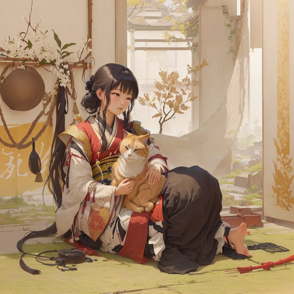 Animated scene of a woman kneeling with a cat on her lap, by Shimo, Zerochan Art, Artistic rendering of Reimu Hakurei, Beautiful artwork illustration, Pixiv contest winner, Pixiv, digital art on Pixiv, Gwaiz, Gwaiz on Pixiv artstation, artwork in the style of Gwaiz1. Scenery and Cityscape in the Early Meiji Era
After the Meiji Restoration, Japan underwent rapid modernization and civilization. Consequently, many changes and reforms occurred. Below is a detailed explanation of the scenery, appearance of the poor, occupations, and cityscapes in the early Meiji period (1868 to the early 1880s).

2. Appearance of the Poor
Life for the impoverished and lower classes remained harsh. In particular, in urban areas, people migrated from rural areas or unemployed artisans gathered, intensifying competition in the labor market. Many of them struggled with poverty, often residing in slums or around temples.

3. Occupations
Meiji early Japan witnessed a diversification of occupations. Traditional agriculture and handicrafts were accompanied by the rise of modern industry and commerce. Particularly in urban areas, factory workers, shop clerks, and transporters increased, giving rise to new professions. However, many in these occupations endured harsh working conditions.

4. Influence of Civilization and Enlightenment
During the Meiji era, Western cultural influences spread rapidly. Changes in clothing, dietary habits, and the proliferation of Western-style architecture advanced, especially in urban areas. Conversely, this development posed a threat to traditional culture and lifestyles, resulting in societal upheaval and adaptation challenges.

5. Social Change and Policy Influence
While promoting modernization policies, the government also addressed poverty and social issues. Legislation for labor protection and charitable activities to aid the poor were implemented. Nevertheless, living conditions for the impoverished scarcely improved.

The early Meiji period marked a rapid transformation in Japan, with complex social landscapes involving challenges faced b