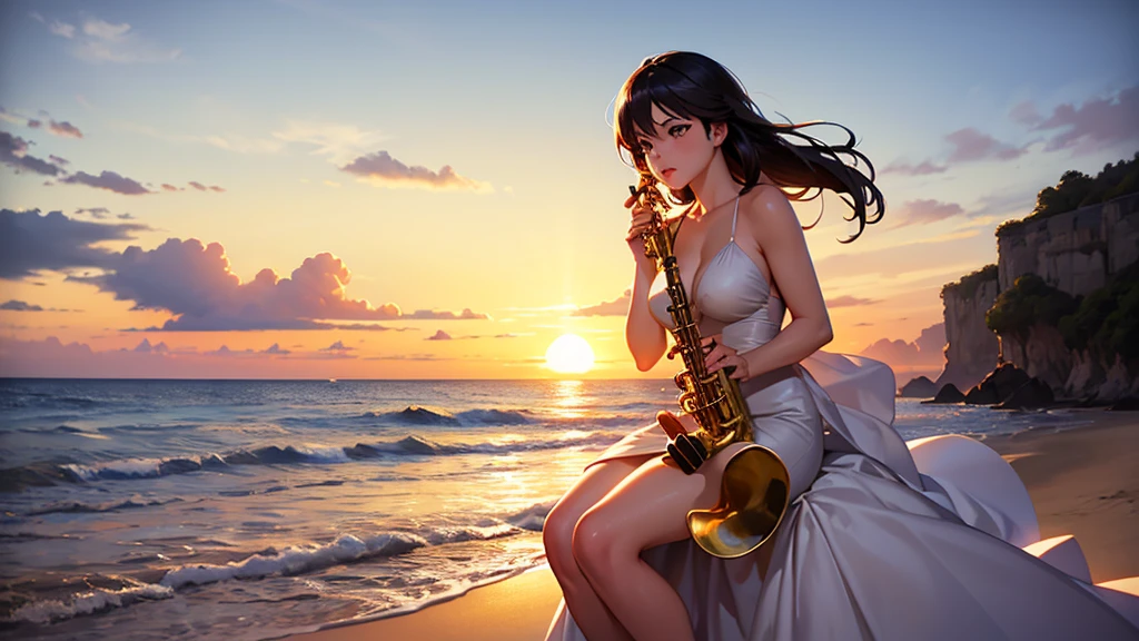 A super-realistic animation of a beautiful and elegant woman playing the saxophone on a beautiful beach at sunset.