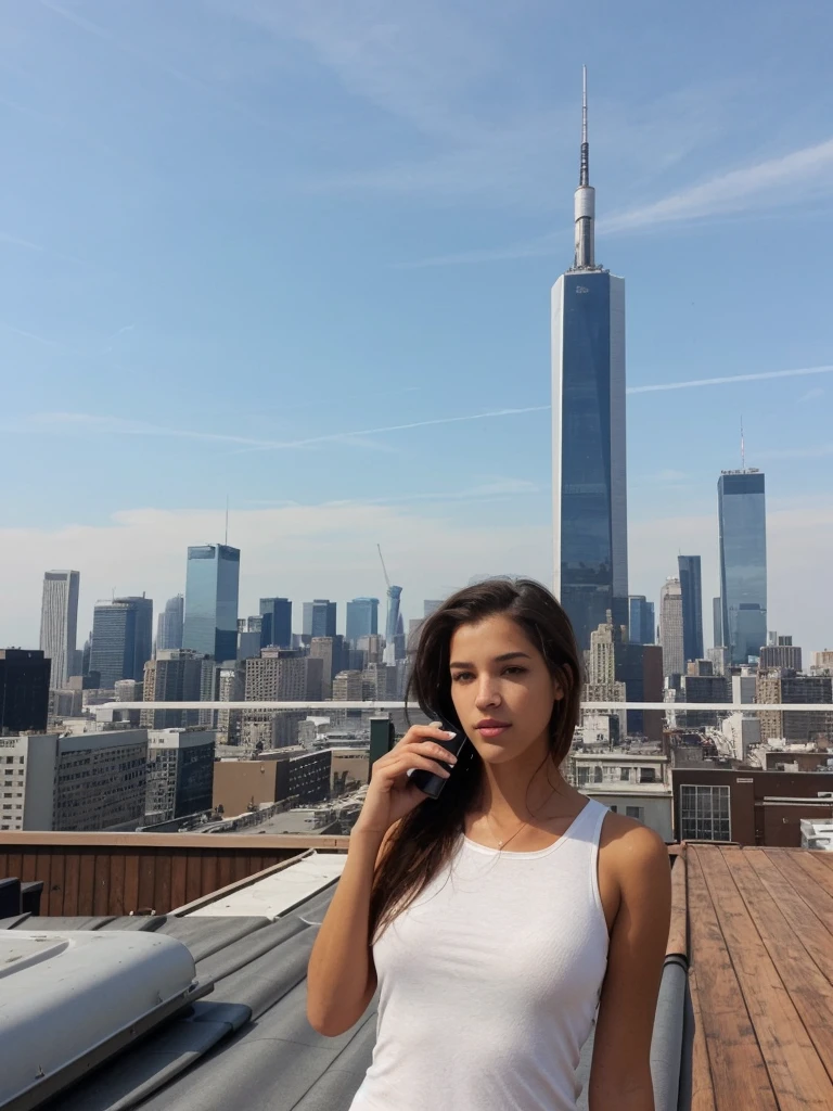 a photo of a woman on a rooftop with the skyline in the background using a phone from 2010, (((infinite focus))), the shot is wide and long