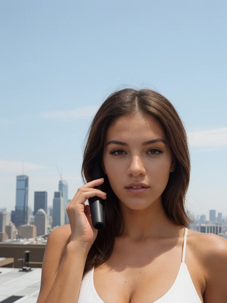 a photo of a woman on a rooftop with the skyline in the background using a phone from 2010, (((infinite focus))), the shot is wide and long
