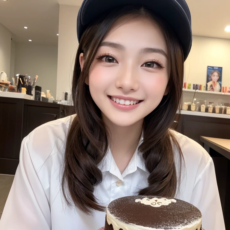 ((Highest quality)), ((masterpiece)), (detailed), One person(Highest quality, 8K, 32k, masterpiece, Ultra-high resolution:1.2),Beautiful Japanese Women Photos、Group of 2、healthy、Glowing Skin, Shallow depth of field、Contrasting、Professional Model、looking forward to it、Overbyte、mouth half open、blush:2.5、Random hairstyles for short hair、Black Hair、Face close-up、Portraiture、Teeth are visible、Big Mouth、Droopy eyes、Round face、Multiple moles、Fair skin、Active 24 year old、Brown eyes、Big smile、Cake shop、Wear a uniform、Wear a work hat、I can see up to my waist、Have a cake