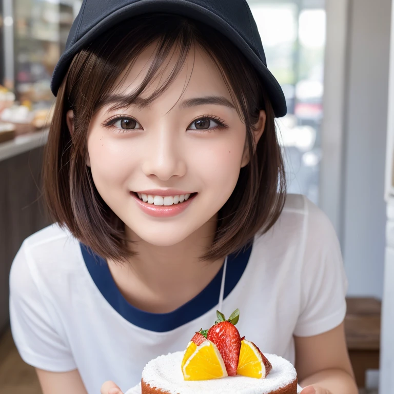 ((Highest quality)), ((masterpiece)), (detailed), One person(Highest quality, 8K, 32k, masterpiece, Ultra-high resolution:1.2),Beautiful Japanese Women Photos、Group of 2、healthy、Glowing Skin, Shallow depth of field、Contrasting、Professional Model、looking forward to it、Overbyte、mouth half open、blush:2.5、Random hairstyles for short hair、Black Hair、Face close-up、Portraiture、Teeth are visible、Big Mouth、Droopy eyes、Round face、Multiple moles、Fair skin、Active 24 year old、Brown eyes、Big smile、Cake shop、Wear a uniform、Wear a work hat、I can see up to my waist、Have a cake