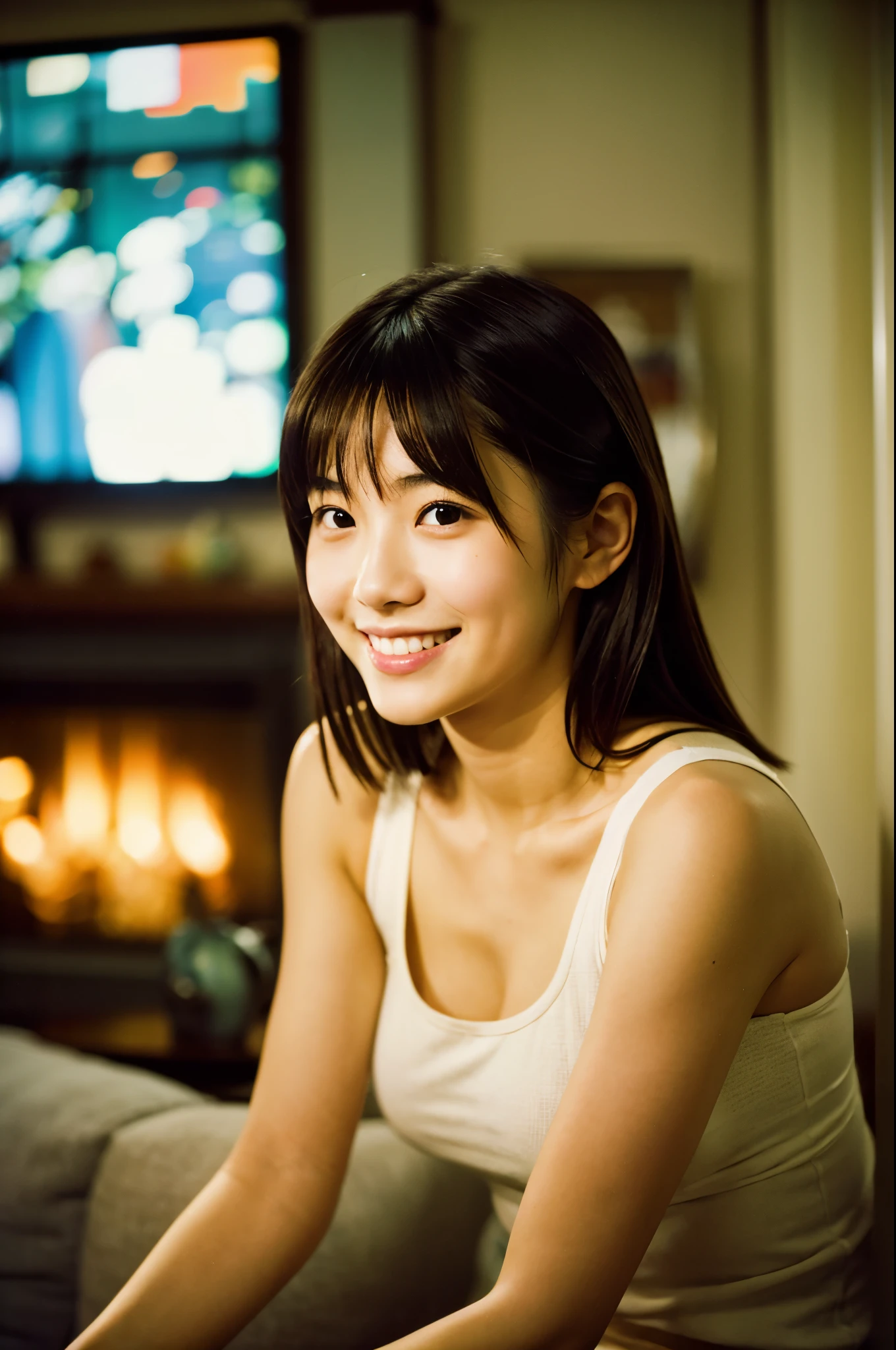 Very cute 20 year old Japanese woman, corners of mouth turned up, gentle smile, muffin top, detailed face, detailed body with nice curves, in the living room. Late night, movie photography, Leica 50 mm prime lens, Cine Steel 800T film, art color photography