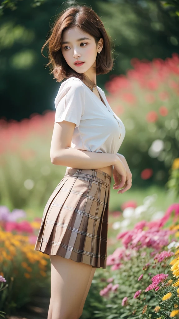 nsfw, 8K raw photo, Best quality, masterpiece, ultra high res, film grain, filmg, 1girl, looking at viewer, natural skin texture, realistic eye and face details, full lips, lipstick, (makeup), red eyeshadow, fluffy short hair, messy hair, smile, close mouth, beautiful legs, tall female, skinny, slim_legs, solo, enormous breast, cleavage, Pose with buttocks facing you, ultra short skirt, ass, shirt, beautiful nature location, around flower location, (detailed background), plaid skirt, white shirt, enormous breast, cleavage, Show a little cleavage through the shirt, loafers, blurry background, blurry, holding, plaid, short sleeves, jk ribbon on the neck, jk ribbon, brown hair, bracelet, water, bangs, , jewelry, parted lips, lips, from side, pleated skirt, depth of field
