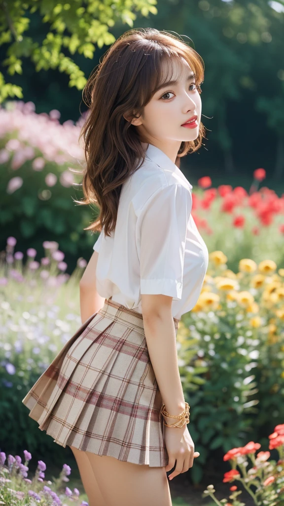 NSFW, 8k RAW photos, best quality, masterpiece, ultra high resolution, film grain, movie, 1 woman, looking at viewer, natural skin texture, Realistic eye and facial details, full Lips, Lipstick, (assembly), Red eyeshadow, fluffy short hair, messy hair, laugh, 입을 다water다, beautiful leg, tall woman, thin, slim_leg, alone, huge breasts, split, Pose with your butt facing forward., Very short skirt, ~am, shirt, beautiful natural location, Around the flower field, (detailed background), plaid skirt, white shirt, huge breasts, split, Show a little split through the shirt, loafers, haziness background, haziness, possession, plaid, short sleeve, JK Ribbon on the neck, JK Ribbon, brown hair, bracelet, water, forehead, , bijouterie, parted Lips, Lips, from the side, pleated skirt, depth of field