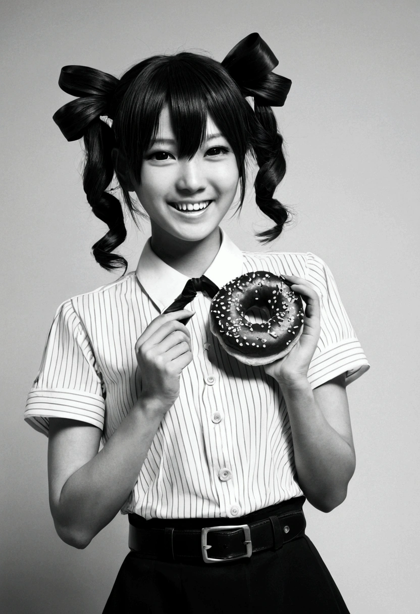 1girl, belt, bow, buttons, drill hair, monochrome, photo \(medium\), solo, twin drills, Kasane Teto, smile, holding a bagel,