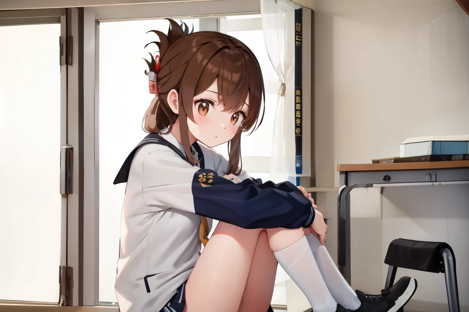 A female student in a sailor uniform sitting on the floor of the gymnasium and watching a physical education class because she feels unwell,(masterpiece, best quality:1.2),illustration,8K,HD,1girl,独奏,upper body,(portrait:1.2),brown_hair,folded_ponytail,brown_eyes,serafuku,long_hair,school_uniform,skirt,pleated_skirt,