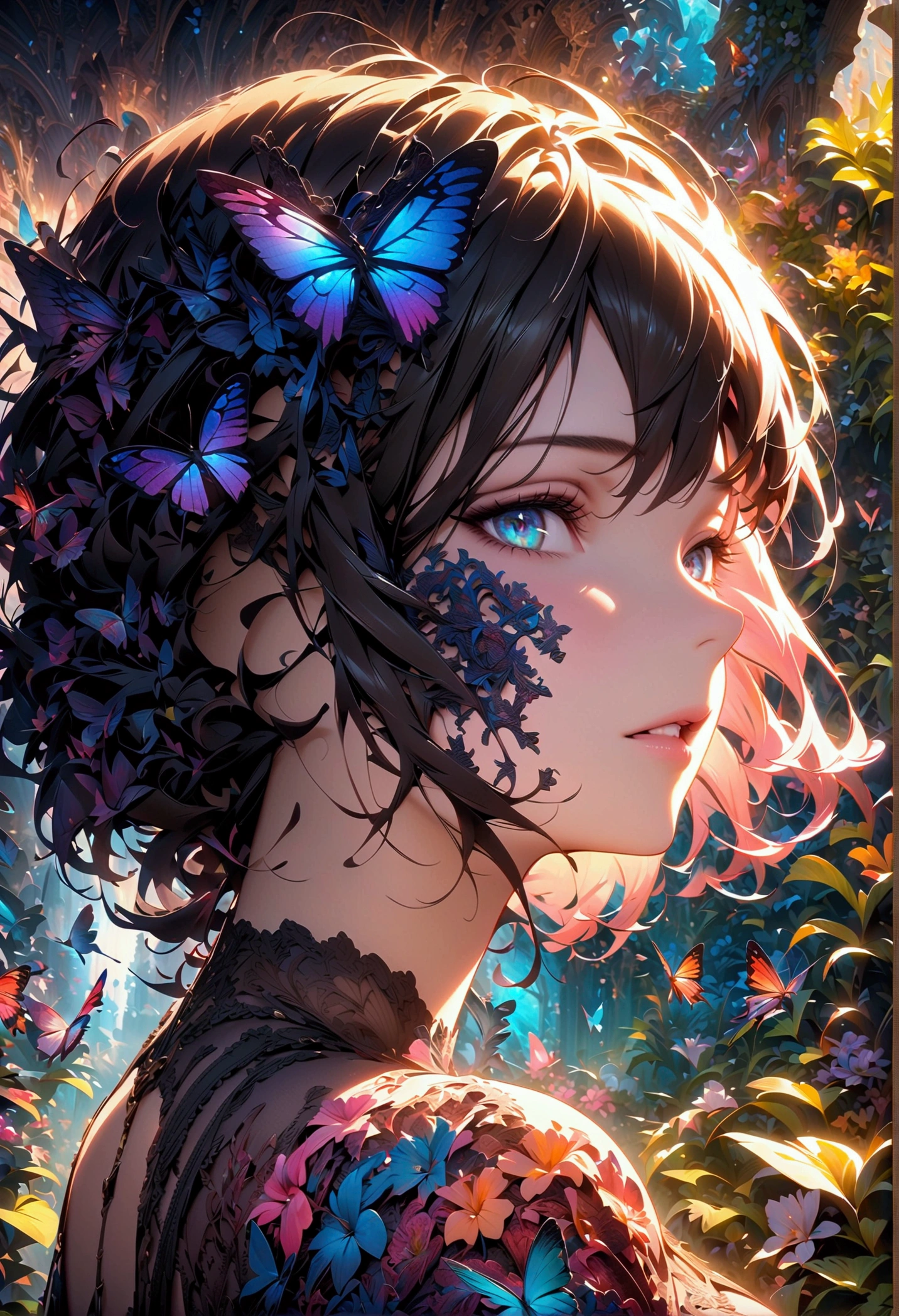 (masterpiece, Top quality, best quality, Official Art, beautiful and aesthetic:1.2), (1 girl), Double tail, Extremely detailed,(Fractal Art:1.3),Colorful,The most detailed,Upper Body, [Lace],[Jewelry],[flower],[[Butterfly]],