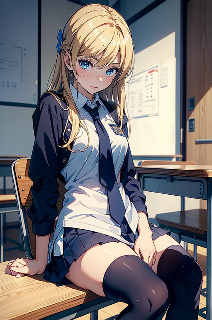 (Best quality, 8K, A high resolution, Masterpiece:1.2),female high-school student，School flowers，haughty，Miss Rich Family，ojousama, student, blonde hair, hair over shoulder, hair ornament, blue eyes, miniskirt, thighhighs, uwabaki, ‎Classroom，sitted，Sit in your seat，classroom desk