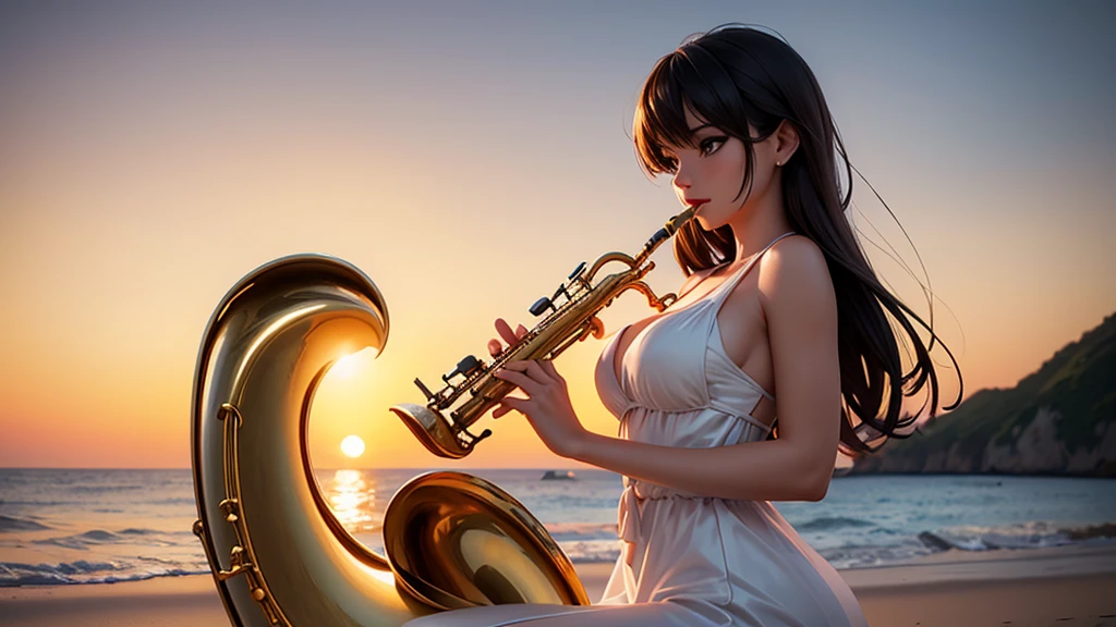 A super-realistic animation of a beautiful and elegant woman playing the saxophone on a beautiful beach at sunset.