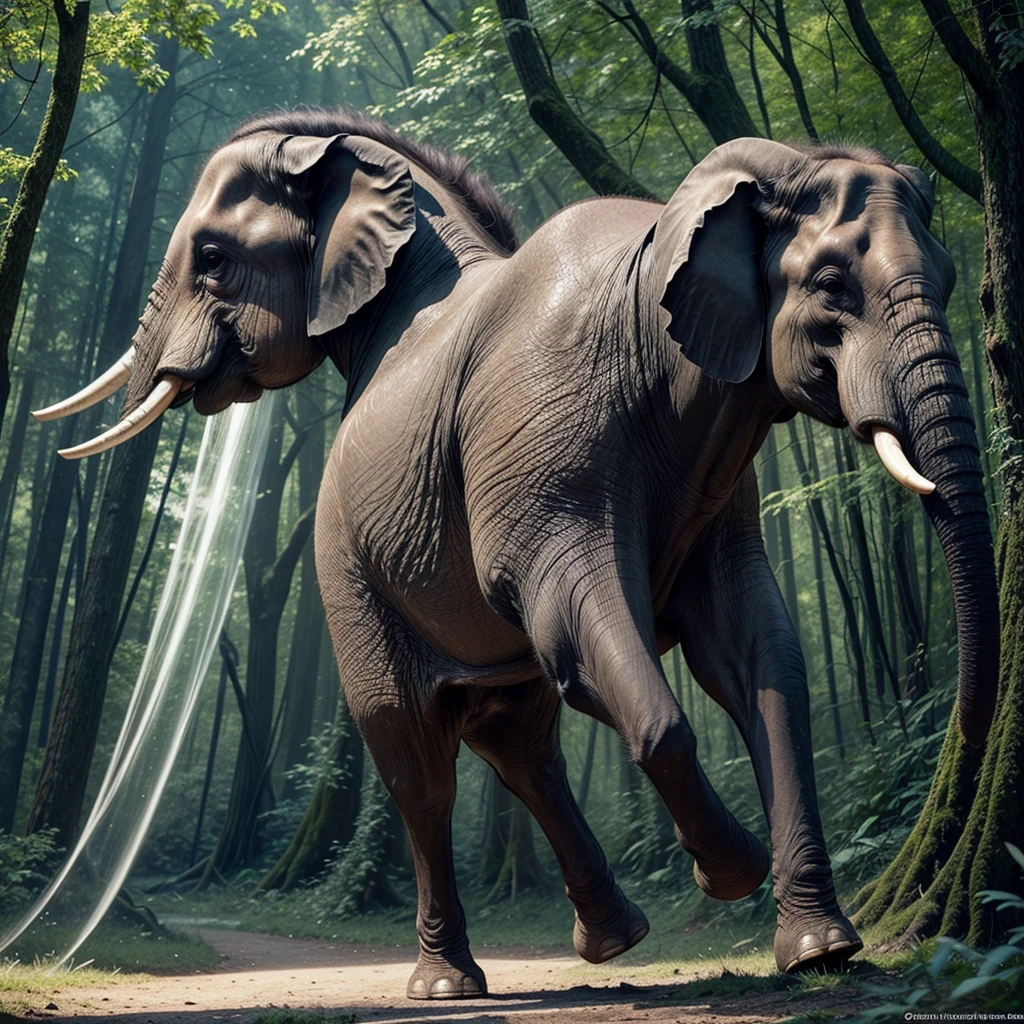 Create an ultra-realistic image of a magical creature that combines elements of an elephant and a horse, inspired by Greek mythology. This unique creature should have the majestic body and strength of an elephant, but with the elegance and grace of a horse.
The creature's body should be massive and muscular, covered in a thick, leathery skin that resembles the texture of an elephant's hide but with a sleek, glossy sheen. Its legs should be long and powerful, similar to a horse's, allowing it to move with both strength and agility. The feet should end in large, rounded hooves that combine the features of both animals.
The creature's head should blend the features of both an elephant and a horse. It should have a long, graceful neck like a horse, but with the iconic trunk of an elephant, which should be adorned with intricate, mystical patterns glowing faintly. The ears should be large and fan-like, similar to an elephant's, but with a more streamlined and elegant shape. The eyes should be large, expressive, and filled with wisdom, reflecting the creature's ancient and magical nature.
The creature should have a flowing mane like a horse, but made of shimmering, ethereal strands that ripple and glow with magical energy. The tail should also blend elements of both animals, being long and powerful like an elephant's, but ending in a tuft of flowing hair like a horse's mane.
The setting should be a mystical, enchanted forest with towering ancient trees, glowing plants, and a magical, ethereal atmosphere. The creature should be depicted in a majestic pose, perhaps rearing up on its hind legs or gracefully striding through the forest. The overall scene should evoke a sense of awe and wonder, highlighting the beauty and power of this unique, mythical creature