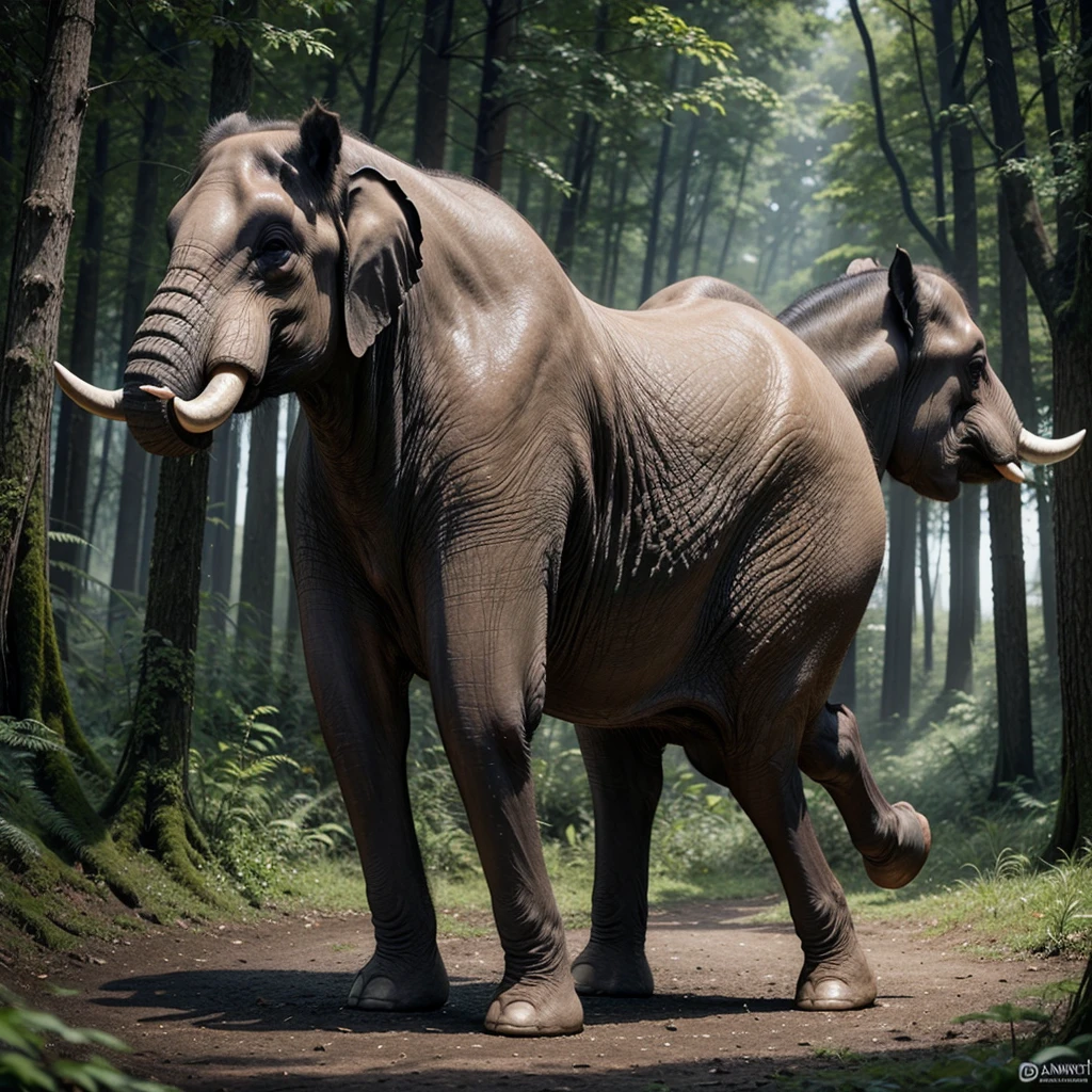 Create an ultra-realistic image of a magical creature that combines elements of an elephant and a horse, inspired by Greek mythology. This unique creature should have the majestic body and strength of an elephant, but with the elegance and grace of a horse.
The creature's body should be massive and muscular, covered in a thick, leathery skin that resembles the texture of an elephant's hide but with a sleek, glossy sheen. Its legs should be long and powerful, similar to a horse's, allowing it to move with both strength and agility. The feet should end in large, rounded hooves that combine the features of both animals.
The creature's head should blend the features of both an elephant and a horse. It should have a long, graceful neck like a horse, but with the iconic trunk of an elephant, which should be adorned with intricate, mystical patterns glowing faintly. The ears should be large and fan-like, similar to an elephant's, but with a more streamlined and elegant shape. The eyes should be large, expressive, and filled with wisdom, reflecting the creature's ancient and magical nature.
The creature should have a flowing mane like a horse, but made of shimmering, ethereal strands that ripple and glow with magical energy. The tail should also blend elements of both animals, being long and powerful like an elephant's, but ending in a tuft of flowing hair like a horse's mane.
The setting should be a mystical, enchanted forest with towering ancient trees, glowing plants, and a magical, ethereal atmosphere. The creature should be depicted in a majestic pose, perhaps rearing up on its hind legs or gracefully striding through the forest. The overall scene should evoke a sense of awe and wonder, highlighting the beauty and power of this unique, mythical creature