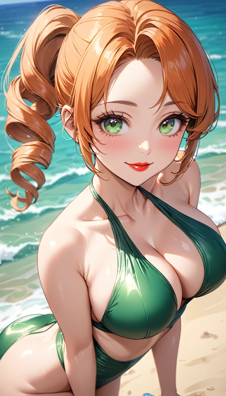 (Highest quality,4K,8K,High resolution,masterpiece:1.2),Super detailed,A 32-year-old woman、(((mature female))), (((milf))), (((tareme))), Best Bust、large breasts, Beautiful Eyes、orange hair、moss green eyes、Red lips, ((pony tail)), (drill hair), ((forehead)),  Very cute face, Glossy Lips, Double eyelids on both eyes,Natural smile、Tight waist、Sexy ass、Natural Makeup, Long eyelashes, Shiny and smooth hair、whole body、high-neck-halter- swimwear, low angle shot,  On the beach、blue sea、Shallow depth of field