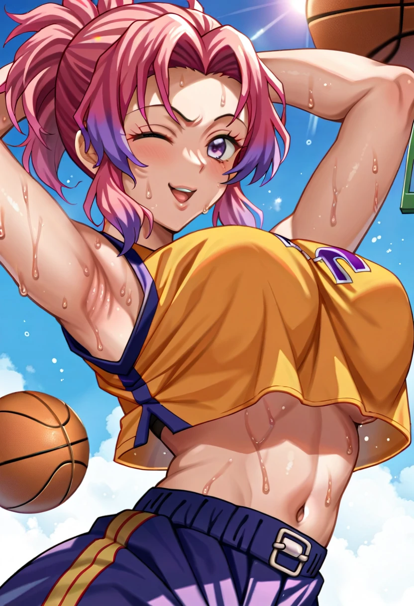Close-up of a person in a basketball uniform, photograph, Inspired by Kentaro Miura, Pixiv Topics, Shinobu Kochou, Demon slayer, Kimetsu no Yaiba, Wearing a yellow NBA jersey, yellow Crop top nba jersey, wearing a low cut Crop top, wearing Crop top, Crop top, written "Lakers" on the Crop top, Golden Light, (Wink), shirobako, big)}], Favorite scene, Fine details. anime. skin, sweating, Big Breasts, Raise your hand, Underarm, Underarm visible, Sweat dripping, Sweat more, sweaty Underarm
