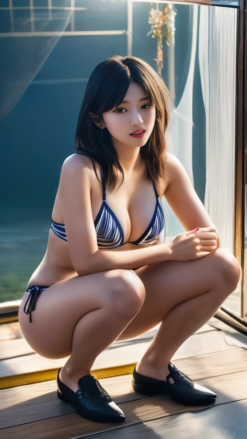 最high quality、high quality、Best image quality、8K、最High resolution、High resolution、最high quality、masterpiece、RAW Photos、whole body写真、Detailed and realistic human body、Detailed and realistic skin、Realistic face in every detail、Detailed and realistic eyes、Detailed and realistic lips、Detailed and realistic teeth、Detailed and realistic ears、Detailed and realistic hair、Realistic reproduction of every detail、((Beautiful Hands(thumb1、reference4))、Realistic feet down to the last detail、((Beautiful Japanese Girl))、(Japanese Model)、 ((18 year old beautiful girl))、(Black Hair)、(Random Hairstyles)、((whole body))、((Slim and perfect figure))、(Beautiful and firm breasts)、(whole body光沢肌、Fair skin)、((Girl in striped bikini))、((Girl trapped in a glass case))、((Highly transparent glass case(Girl in a glass case))、((彼女のwhole bodyがすっぽりと入る大きなガラスケース))、((A glass case containing a girl is placed on the floor))、((Squat with your legs wide apart))