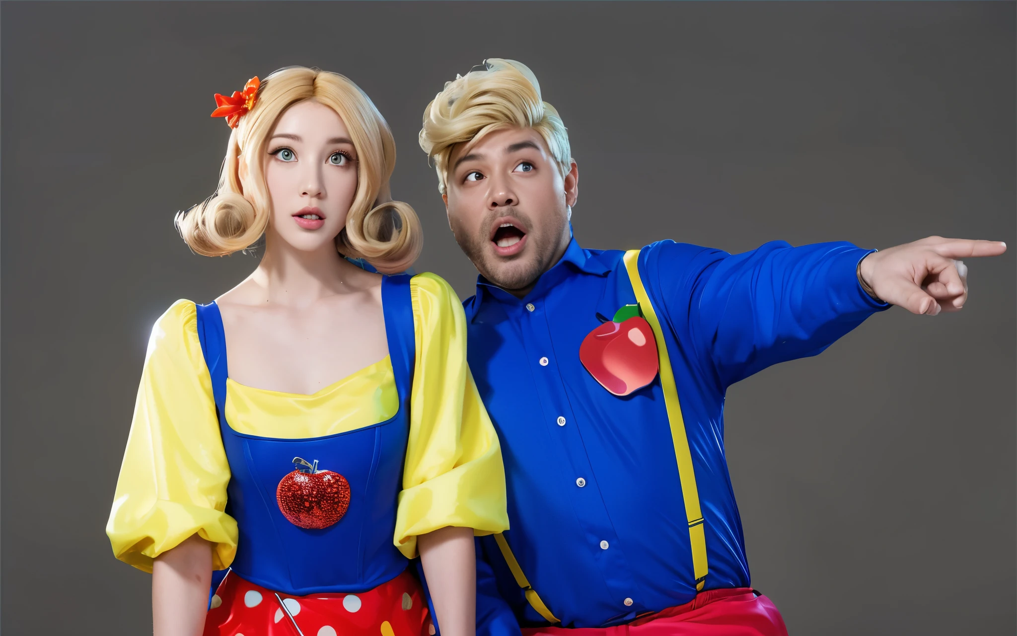 The image features a couple, both dressed in costumes representing the characters of Snow White and the Seven Dwarfs, standing against a black background. 3d style, simplified design, 3d render, glossy texture, smooth 3d model, multiple light sources, rim light, sharp post effects render, (glossy plastic texture with multiple big light probe refractions), perfect cgi, smooth silhouette, high intensity refraction, (super glossy material), most beautiful vfx , blue background, plastic refractions, realistic, 4k, high resolution, rim light, photo shoot, commercial photo, profile shot, 4k, rim light, high resolution, 4k, glossy texture, smooth 3d model, multiple light sources, rim light, sharp post effects render, (glossy metallic texture with multiple big light probe refractions), perfect cgi, cgi art created only with gradients, smooth silhouette, high intensity refraction, (super glossy chrome material), most beautiful vfx, blue background, chrome metal refractions, multiple light sources, rim light, sharp post effects render, perfect cgi, digital art, detailed digital art, reflective, best quality, 4k, masterpiece:1.2, ultra-detailed, realistic, vivid colors, dark and moody lighting, The image of the highest quality, ensuring every detail is showcased perfectly. It in 4k resolution, allowing viewers to immerse themselves in the richness of the colors and intricate details. The realistic rendering. under the spotlight, reflecting, high-resolution image, realistic rendering, dark background, and rim light photorealistic The image features three characters standing in front of three houses. The characters are a red-haired mermaid, a purple cat, and an orange dog. They are each holding a yellow maraca