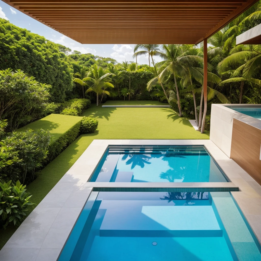 A wide angle shot shows the front view of a contemporary two-story villa with white walls and glass windows, design by Tadao ando,surrounded by lush greenery. It features an outdoor pool area overlooking the ocean at natural light. Stone pathways lead to multiple pools within the yard, adorned with vibrant tropical plants,architecture photography award, iwan baan, Taken on a Canon EOS R5 using a Canon RF 24-70mm f/2.8L IS USM lens at an F3.2 aperture setting in the style of Canon --ar 16:9 --c 5 --s 50 --v 6.0