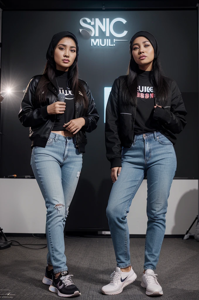 hyper realistic 4D caricature, full body, two Indonesian singers , men and women wearing hijab 35yo, who sings songs of love, oval face, medium straight hair,silent smile, wear a jeans jacket, wide black jeans, Nike shoes, both stood up, all play guitar, facing two mics, ready to cast recording, luxury music studio background that says "Sony Music", gambar full colour, UHD