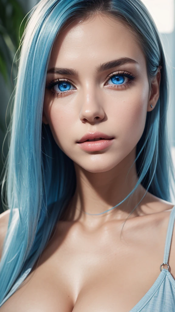 sexy woman, voluminous breasts, 25 year old woman, Divine face, Beauty faces, high detail, Lip beauty, Photorealistic, Ultra realistic, Background, rtx on, color correction, perspective, depth of field, line of sight, tonal colors, 8 k, Full HD, perfectionism, rim lighting, daylight, soft lighting, Accent lighting, Diffraction assessment, hot woman , Super detailed, (( detailed beautiful blue eyes )) , light blue hair , ( casual wear ), expect