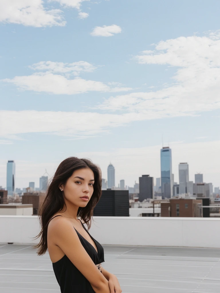 a photo of a woman on a rooftop with the skyline in the background, (((infinite focus))), the shot is wide and long