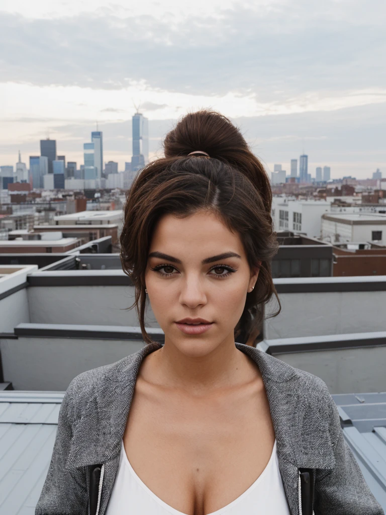 a photo of a woman on a rooftop with the skyline in the background, (((infinite focus))), the shot is wide and long
