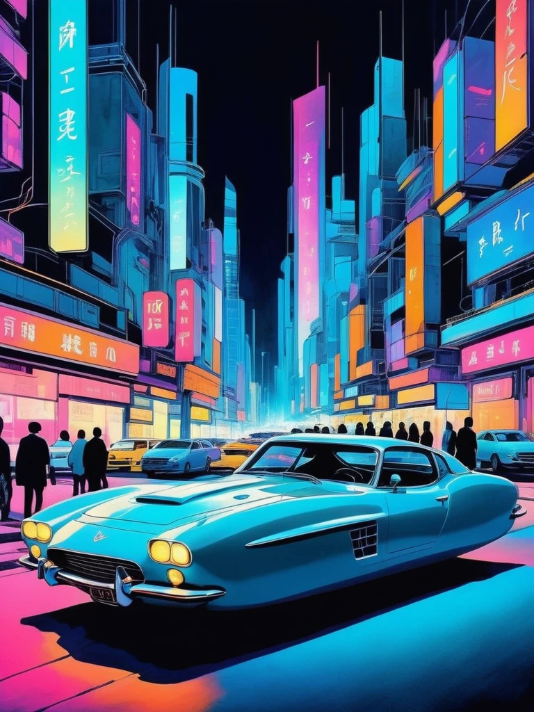 21st century futuristic night illustration, cars of all colors, (Wandering_car:1.5), 

Ink painting style, traditional media