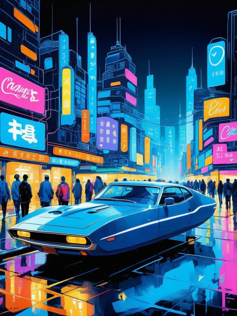 21st century futuristic night illustration, cars of all colors, (Wandering_car:1.5), 

Ink painting style, traditional media