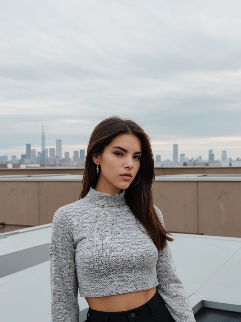 a photo of a woman on a rooftop with the skyline in the background, (((infinite focus))), the shot is wide and long