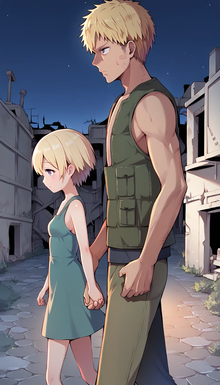 score_9, score_8_up, score_7_up, source_anime BREAK 
1girl, 14yo, _young, from side, small breasts, (girl dirty casual dress), holding hand in another's hand, blonde short hair, grey eyes, sad face, outdoors, walking, ((size difference:1.5)), male face out of frame, (male cargo vest, pants), ((town ruins, night scene background:1.3))