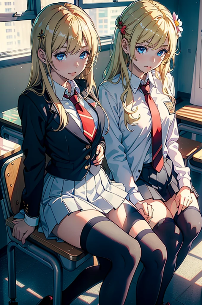 masterpiece, high quality, 1girl, gyaru, blonde hair, pink eyes, school uniform, thighhighs, pink bra