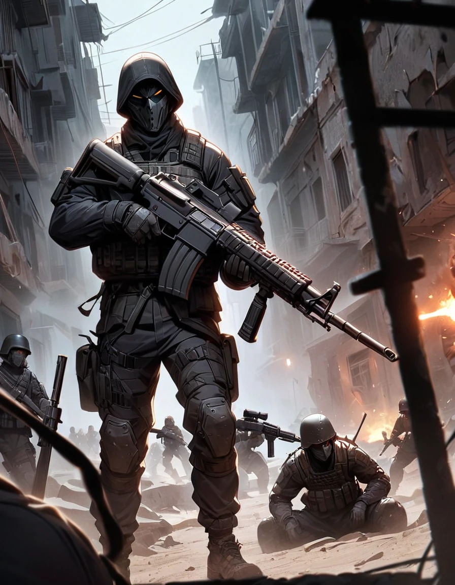 Masterpiece, best quality, 1 person, 30 year old man, Focus Man, alone, alone focus, black hair, Turquoise eyes, black bulletproof vest, Mercenaries, (holding an assault rifle((AK46 gun)), Standing position, Standing shooting position, Behind the scenes on the battlefield, War zone, serious, solemn face, dangerous atmosphere,AK46.