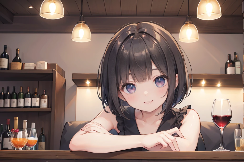 Photorealistic、Highest quality、Highest Resolution、Highest quality、8K、Beautiful woman、Bob Cut Hair、Dark Hair Color、smile、Smile、looks fun、bar、wine、cheers