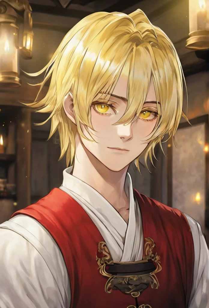 19 years old, male, human, tavern keeper, commoner, light yellow hair, shining gold eyes, inside the room, short hair 