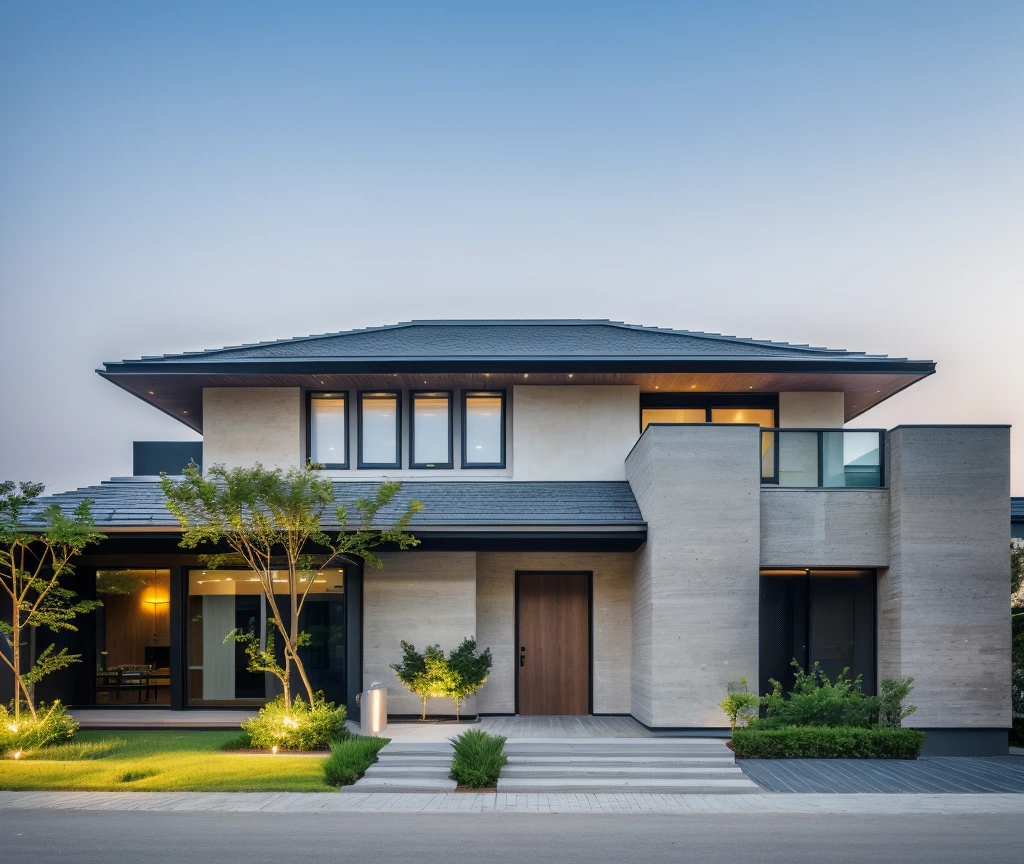 1 morden house, cofe space:1.4, main material by white wall and wood, large yard, 1 road runs in front of the house,  (RAW photo, real, best quality, masterpiece:1.2), look morden minimalist, 1 road in front of the house, shime ring light, light brighteness from indoor:1.2, dynamic lighting:1.3, (hyper realistic, photo-realistic:1.2), high quality, (dark lighting:1.2), perfect lighting, archdaily