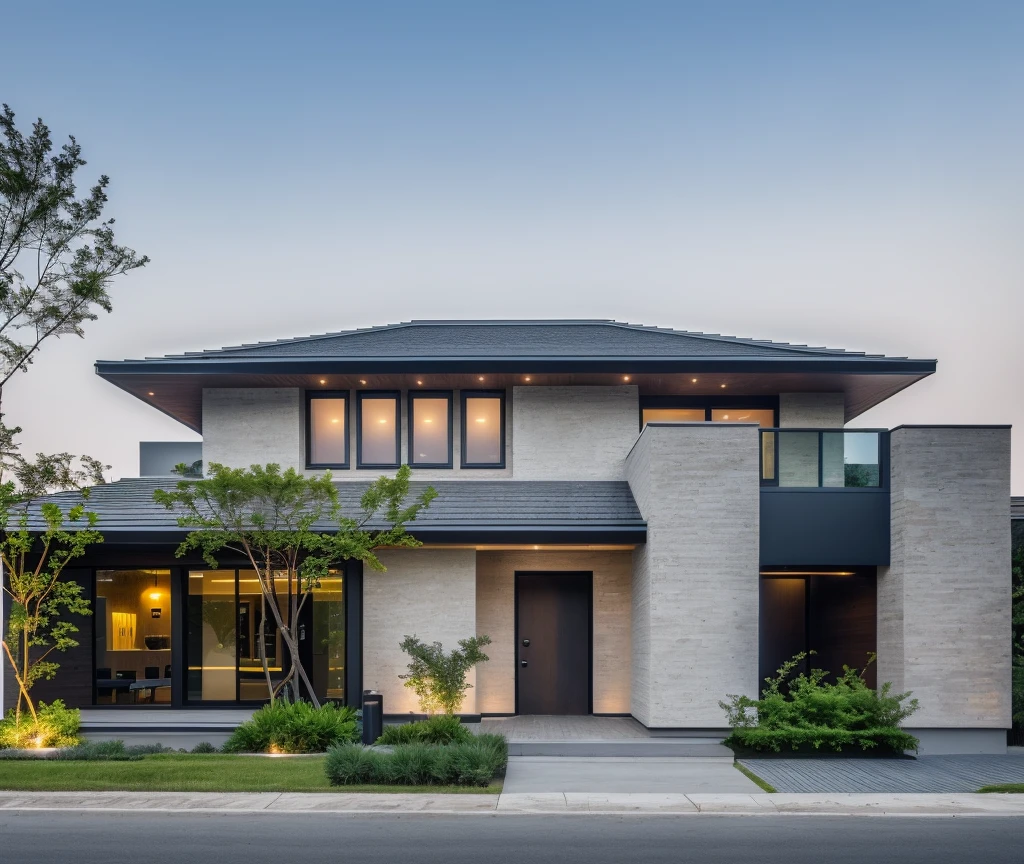 1 morden house, cofe space:1.4, main material by white wall and wood, large yard, 1 road runs in front of the house, (RAW photo, real, best quality, masterpiece:1.2), look morden minimalist, 1 road in front of the house, shime ring light, light brighteness from indoor:1.2, dynamic lighting:1.3, (hyper realistic, photo-realistic:1.2), high quality, (dark lighting:1.2), perfect lighting, archdaily