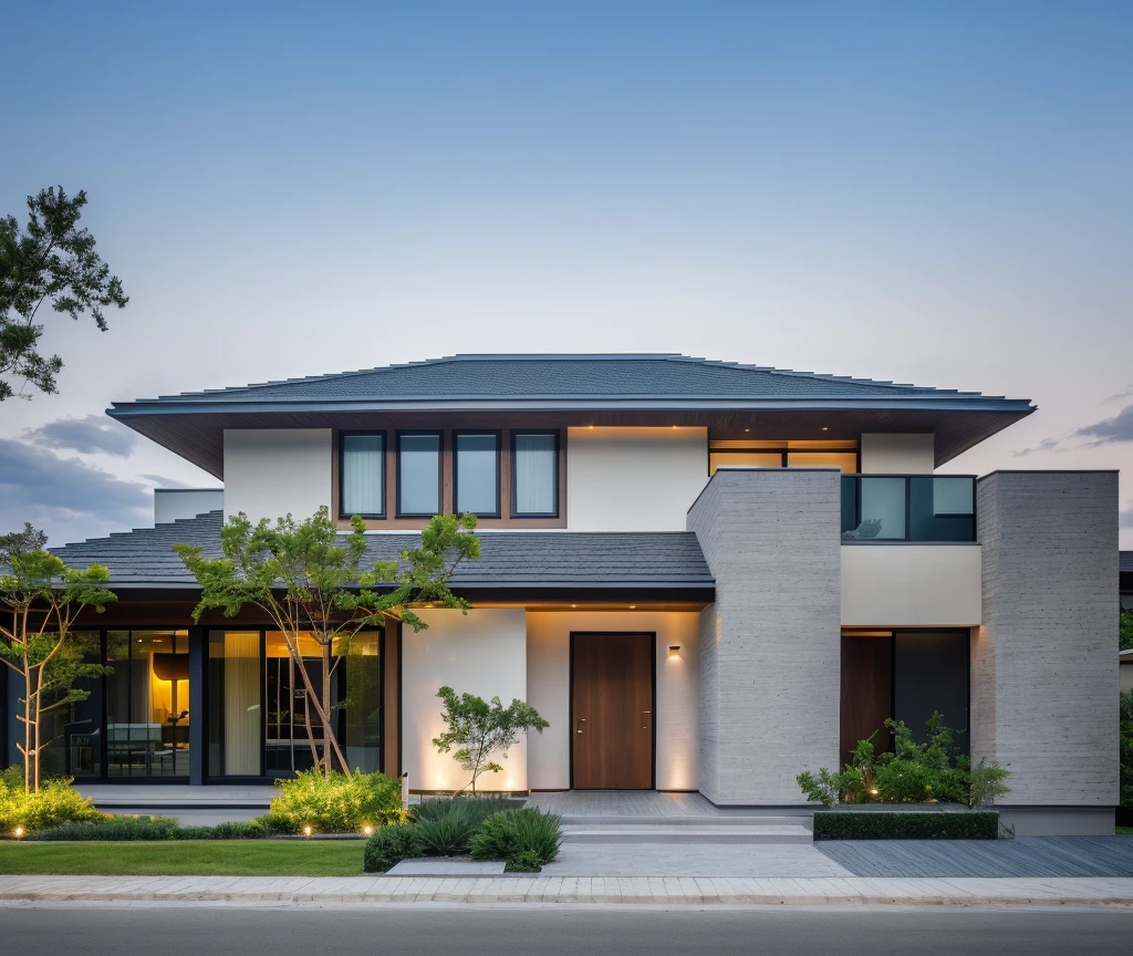 1 morden house, cofe space:1.4, main material by white wall and wood, large yard, 1 road runs in front of the house, (RAW photo, real, best quality, masterpiece:1.2), look morden minimalist, 1 road in front of the house, shime ring light, light brighteness from indoor:1.2, dynamic lighting:1.3, (hyper realistic, photo-realistic:1.2), high quality, (dark lighting:1.2), perfect lighting, archdaily