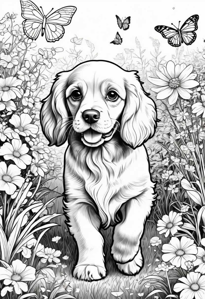A delightful black and white line art coloring page of a playful cocker spaniel chasing a butterfly in a garden. The puppy, with floppy ears and a wagging tail, is depicted with thick lines and minimal details, making it perfect for kids to color. The butterfly, with open wings, flies gracefully above the puppy. The garden has a few simple flowers and blades of grass, creating a cheerful atmosphere. The clear, bold outlines and vibrant colors stand out against the white background, making the illustration fun and engaging, illustration